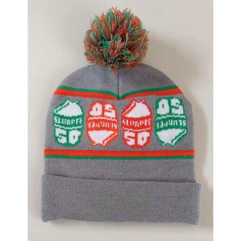 Slurpee 50th Anniversary 7-11 Beanie Toque - Gray Hat Cap With Pom OSFM EUC